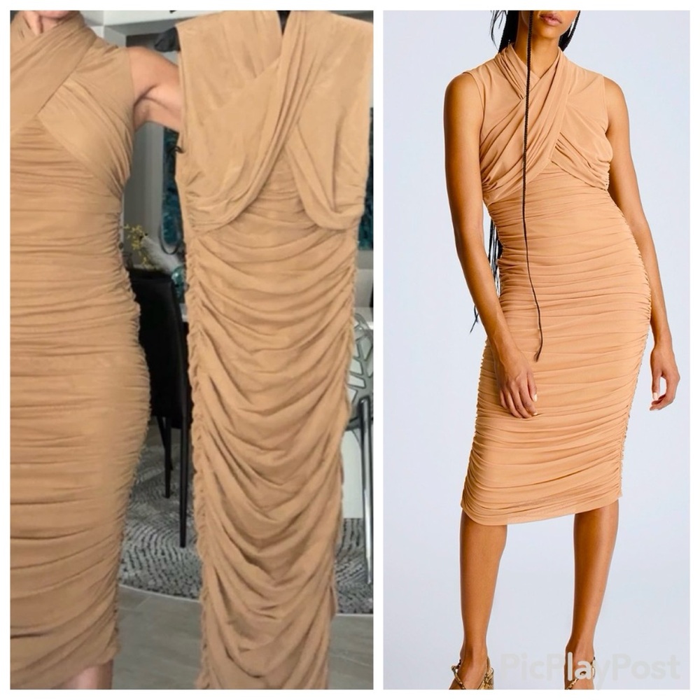 Kenneth Cole Nude Dark Honey Ruched Fitted Bodycon Midi Dress NWT 0 can fit a 2